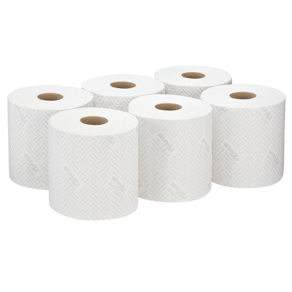 Six white rolls of WypAll® L10 paper wipe for food & hygiene from Kimberly-Clark GmbH (6 x 800 sheets) are neatly arranged on a white background, ideal for central dispensing in kitchens or as hygiene wipes for food areas.