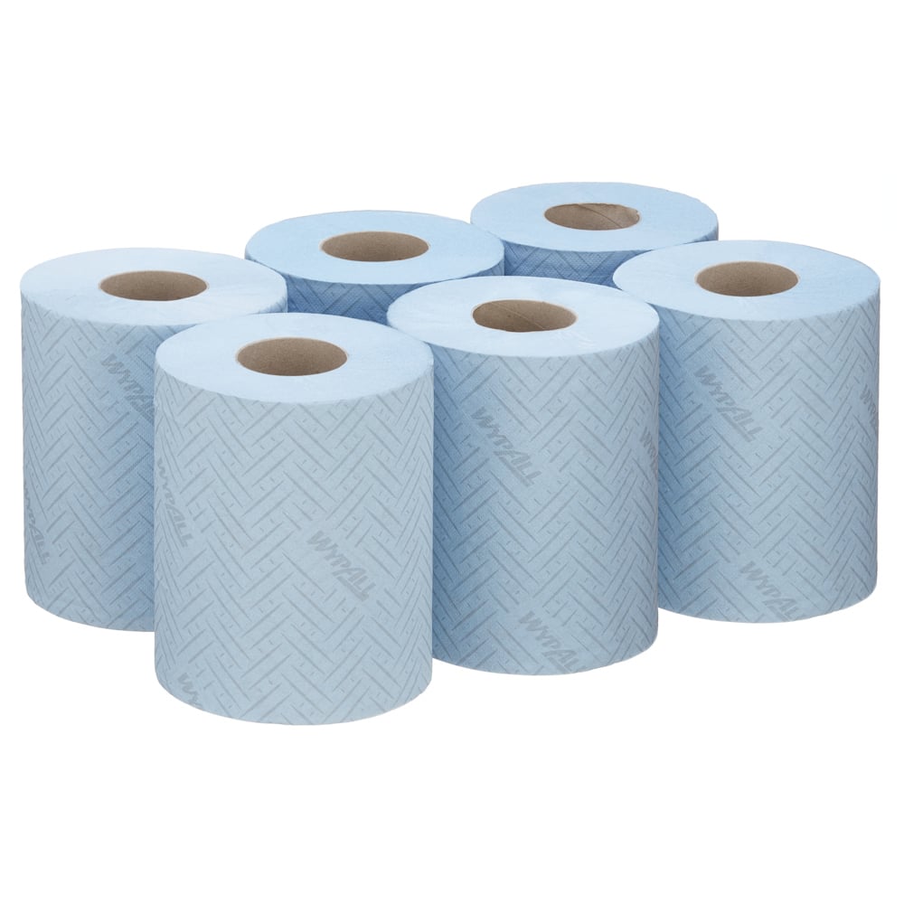 Six blue WypAll® Reach™ paper towel rolls from Kimberly-Clark GmbH (6 x 280 sheets) are intended for central dispensing - perfect for cleaning service or retail applications.