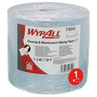 Le rouleau grand format de lingettes en papier WypAll® L20 pour les travaux d'entretien, de couleur bleue, de la société Kimberly-Clark GmbH, contient 1 rouleau de 500 lingettes ; il est emballé sous film plastique et porte une étiquette indiquant les informations sur le produit ; un symbole rouge indique le nombre de lingettes par rouleau.