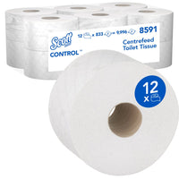 A box of Kimberly-Clark Scott® Control™ toilet paper—central dispenser—contains 12 white rolls, each with 833 sheets (total: 12 x 833), product number 8591, ideal for professional settings.