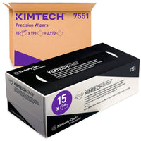 Pictured are two boxes of Kimtech® Science precision wipes from Kimberly-Clark GmbH: a brown shipping carton (15 x 196 sheets) and a black-and-white retail box for cleaning delicate surfaces.