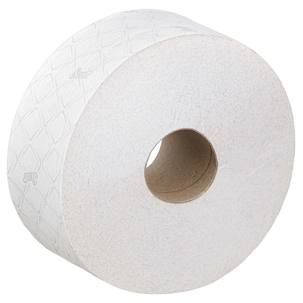 Eine große Rolle Scott® ESSENTIAL™ Jumbo Toilettenpapier der Kimberly-Clark GmbH in Weiß mit Rautenmuster und sichtbarem Kartonkern; die Packung enthält 6 Rollen mit je 1.053 Blatt.