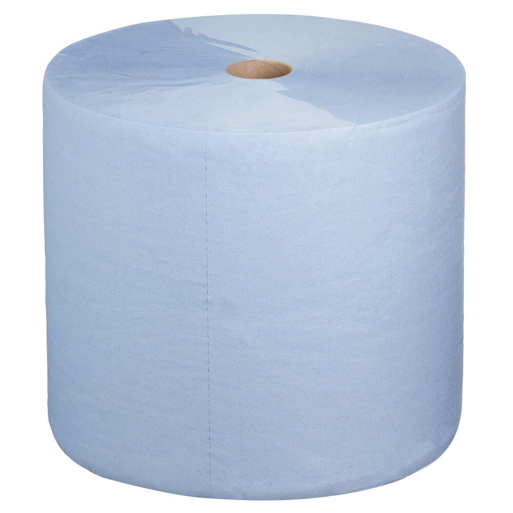 Un rouleau jumbo de papier essuie-tout Kimberly-Clark WypAll® L30 (bleu, extra large & long, 1 rouleau x 1000 lingettes) est debout avec un noyau en carton visible sur fond blanc - idéal pour les travaux de maintenance.