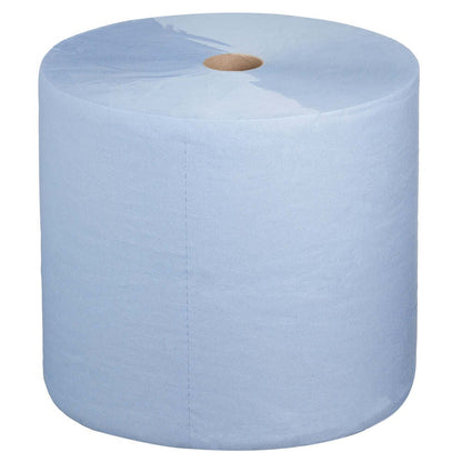Un rouleau jumbo de papier essuie-tout Kimberly-Clark WypAll® L30 (bleu, extra large & long, 1 rouleau x 1000 lingettes) est debout avec un noyau en carton visible sur fond blanc - idéal pour les travaux de maintenance.