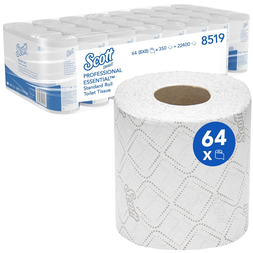 Le papier toilette Scott® Essential™ de Kimberly-Clark GmbH contient 8 paquets de 8 petits rouleaux chacun, soit un total de 64 rouleaux avec 350 feuilles par rouleau. Un rouleau est illustré sur le devant, et l'emballage met en avant la marque et les quantités.