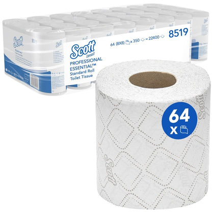 Le papier toilette Scott® Essential™ de Kimberly-Clark GmbH contient 8 paquets de 8 petits rouleaux chacun, soit un total de 64 rouleaux avec 350 feuilles par rouleau. Un rouleau est illustré sur le devant, et l'emballage met en avant la marque et les quantités.