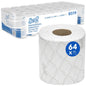 Le papier toilette Scott® Essential™ de Kimberly-Clark GmbH contient 8 paquets de 8 petits rouleaux chacun, soit un total de 64 rouleaux avec 350 feuilles par rouleau. Un rouleau est illustré sur le devant, et l'emballage met en avant la marque et les quantités.