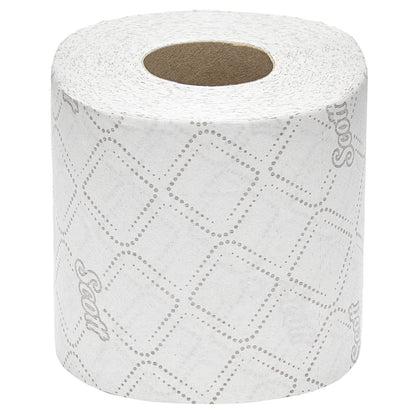 Une boîte de petits rouleaux de papier toilette Scott® Essential™ de Kimberly-Clark GmbH contient 8 paquets de 8 petits rouleaux blancs avec 350 feuilles par rouleau, illustrée sur fond blanc.
