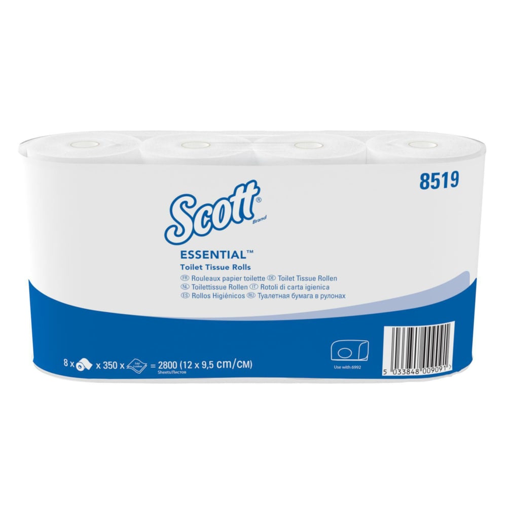 Papier toilette Scott® Essential™ de Kimberly-Clark GmbH : 8 paquets de 8 petits rouleaux à 350 feuilles chacun, soit un total de 64 rouleaux (22 400 feuilles) par carton - pour une hygiène fiable au quotidien.