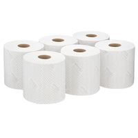 Six rolls of WypAll® L10 paper towels from Kimberly-Clark GmbH, each white and containing 630 sheets, are neatly arranged—ideal for food service and hygiene. Center-feed design. Supplied in packs of 6 rolls per carton.