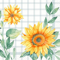Brighten up your table setting with Duni GmbH Serv.33x33 3lg 1/4 Sunflower 250-pack napkins featuring yellow sunflowers and green leaves in watercolor hues on a white and light gray background. Perfect for any occasion!