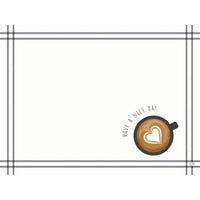 Sur ce set de table en papier de 30 x 40 cm (lot de 250 pièces) de la société Duni GmbH, on aperçoit, en bas à droite, un café en forme de cœur, autour duquel s'enroule, sur fond blanc et bordure noire, l'inscription « Have a nice day » – idéal pour toutes les occasions.