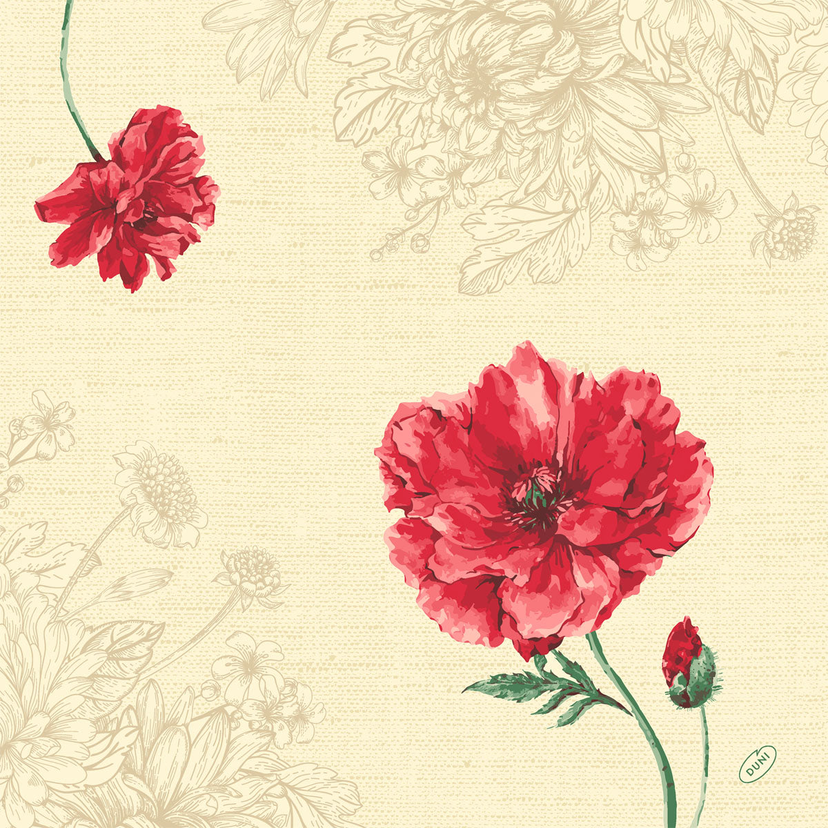 Die Dunisoft-Servietten 40 x 40 cm 1/4 Falz der Duni GmbH zeigen einen beigen Hintergrund mit skizzierten Blumen, zwei leuchtend roten Blüten und einer Knospe auf grünem Stiel - perfekt, um jedem gedeckten Tisch Eleganz zu verleihen.