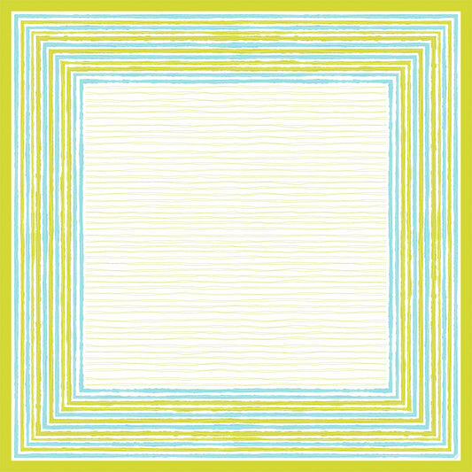 Die Dunicel Mitteldecke 84x84 cm Elise Stripes von Duni GmbH zeichnet sich durch eine stilvolle Bordüre aus abwechselnd blauen, grünen und gelben Streifen um einen cremefarbenen Kern aus, der einen eleganten, strukturierten Look erzeugt. Erhältlich in Packungen mit 100 Stück.