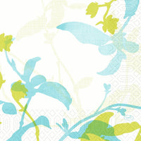 Il disegno "Elise" raffigura sagome di foglie e fiori blu e verdi su uno sfondo a pois, su tovaglioli bianchi a tre veli Zellt (33x33 cm, 250 pezzi) della Duni GmbH; il logo "DUNI" appare all'interno di un piccolo ovale nell'angolo in basso a destra.