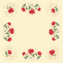 Ein cremefarbenes Quadrat mit roter Nelke und grüner Blattbordüre, perfekt als elegante Dunisilk Monique Tischdecke 84x84 cm von Duni GmbH-ideal für stilvolle Tischdekoration (Packung mit 20 Stück).