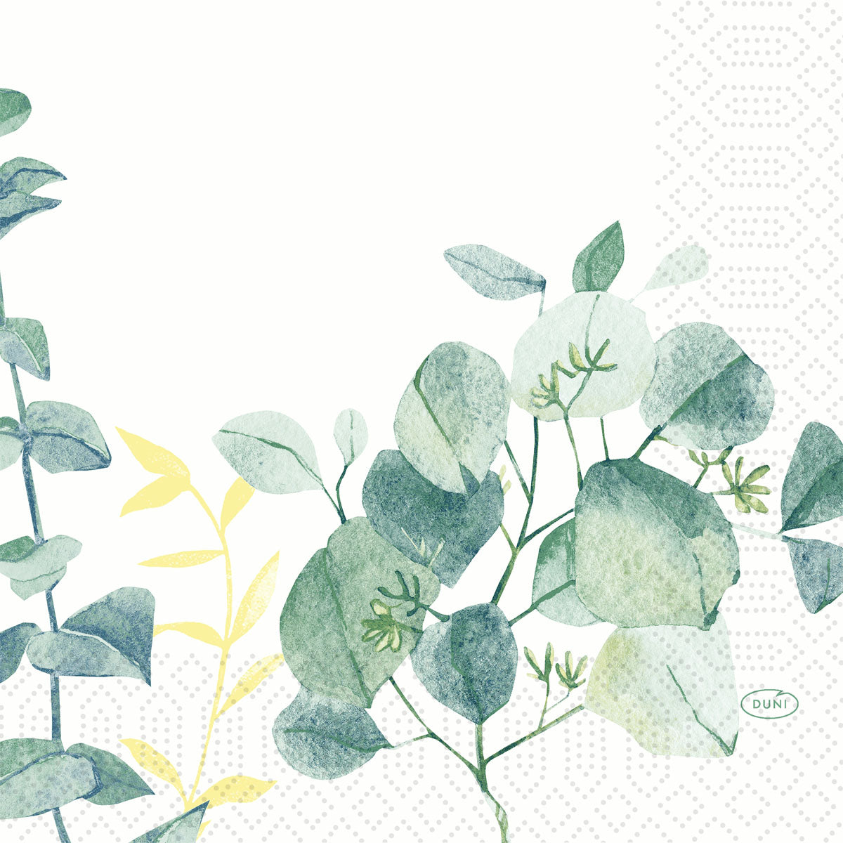 Ein Aquarell aus grünen und gelben Eukalyptusblättern ziert die unteren Ecken der Duni GmbH Zellt.Serv.33x33 3lg 1/4 Spire Servietten (33x33 cm, 50er Pack), die auf Weiß mit einem dezenten grauen geometrischen Muster gedruckt sind.