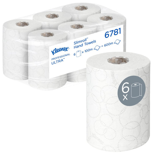 Ein Karton mit 6 Kleenex® Ultra™ Slimroll™ Handtüchern von Kimberly-Clark GmbH, jede weiße Rolle 100m, ideal für schmale Spendersysteme. Eine Rolle ist separat mit einem "6x" und Rollensymbol auf dem Etikett abgebildet.