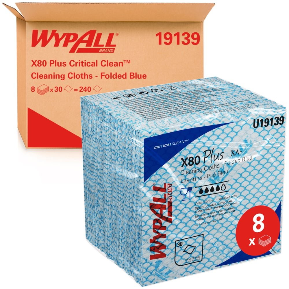 Una scatola di Kimberly-Clark GmbH WypAll® X80 Plus Critical Clean, panni blu piegati in quarti per ambienti critici, contiene 8 pacchetti con 30 fogli ciascuno (totale di 240 panni per la pulizia).