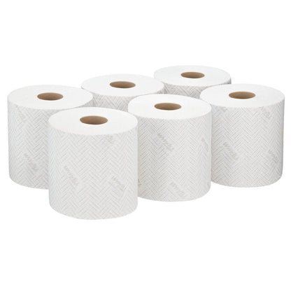 Sechs weiße WypAll® L20 Papierwischtuchrollen von Kimberly-Clark GmbH (38×18,3 cm) sind in zwei Reihen angeordnet - perfekt für die Zentralentnahme und geeignet für industrielle Reinigungsaufgaben.