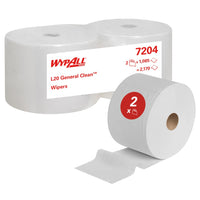 The image shows two white jumbo rolls of Kimberly-Clark WypAll® L20 General Clean, one of which has been unpacked and partially unrolled. The packaging label indicates 2 rolls x 1,085 sheets—a total of 2,170 sheets per carton.