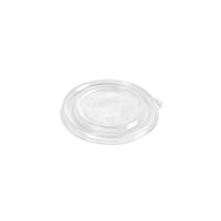 Nell’immagine è raffigurato un coperchio in rPET trasparente e di forma rotonda, modello Ronda SHORT della Duni GmbH (240/360 ml, 102x95x11 mm), su sfondo bianco. Il coperchio è dotato di una piccola linguetta a strappo sul bordo. Confezione: 25 pezzi.