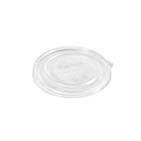 A transparent, round cardboard lid (SLIM RPET 129x120x12 mm) from Duni GmbH, made from recycled PET, features a small side flap and embossed recycling symbols. The eco-friendly lid is shown against a white background (pack of 35).