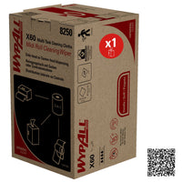 Une boîte bleue portant la mention « WypAll® X60 General Lingettes de nettoyage Clean - Rouleau Midi/Bleu (235 lingettes) » de la société Kimberly-Clark GmbH, avec des illustrations du produit, un symbole rouge « x1 » et un code QR en bas à droite, idéale comme produit de nettoyage polyvalent.