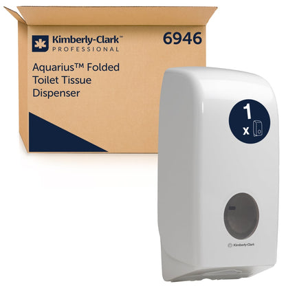 A box labeled "Kimberly-Clark GmbH Aquarius™ Toilet Tissue Dispenser - White - 1 Dispenser" stands next to the sleek, wall-mounted white dispenser, which provides hygienic storage and features a round window.