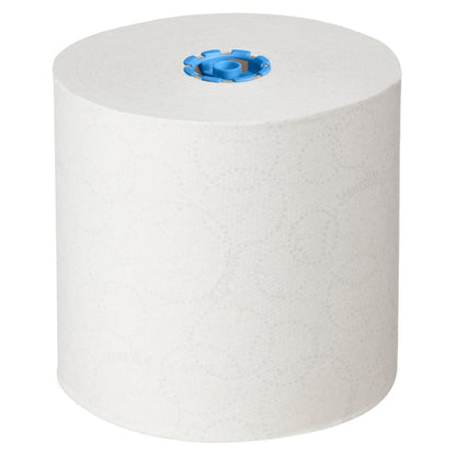 Eine große weiße Rolle Kleenex® Rollenhandtücher - E-roll Large, 1-lagig, 250m von Kimberly-Clark GmbH steht aufrecht mit einem blauen Kern auf weißem Hintergrund, ideal zum hygienischen Händetrocknen. Die Schachtel enthält 6 Rollen.