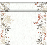 Le modèle Bio-DC Tête-à-tête (0,4 x 24 m) de Duni GmbH présente un fond beige, de fines lignes verticales et des motifs botaniques marron, beiges et noirs sur le dessus et les côtés — idéal pour une décoration mettant en valeur le bois naturel. Il est doté d'une bordure horizontale assortie sur le bord supérieur.