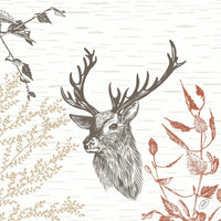 A detailed black-and-white deer head with large antlers, framed by beige and rust-colored branches, adorns the Duni GmbH Klassik napkins (40x40 cm), Wood & Deer Design—perfect for rustic occasions. The package contains 50 napkins.
