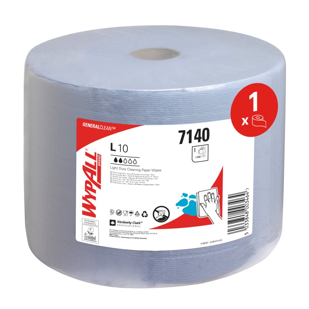 The blue WypAll® L10 EXTRA wiping cloths large roll from Kimberly-Clark GmbH (1 roll, 1500 sheets, carton) features a central hole for easy dispensing, is marked with model 7140, and includes a symbol showing a roll.