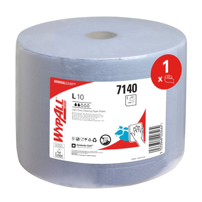 The blue WypAll® L10 EXTRA wiping cloths large roll from Kimberly-Clark GmbH (1 roll, 1500 sheets, carton) features a central hole for easy dispensing, is marked with model 7140, and includes a symbol showing a roll.