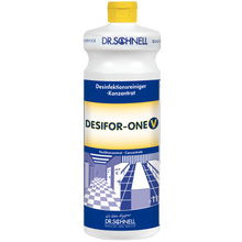 Eine weiße Kunststoffflasche Dr. Schnell DESIFOR-ONE V Flächendesinfektion der DR.SCHNELL GmbH & Co. KGaA, mit gelber Kappe und blau-weißem Etikett mit deutscher Aufschrift, ideal für die Flächendesinfektion in Hygienebereichen.