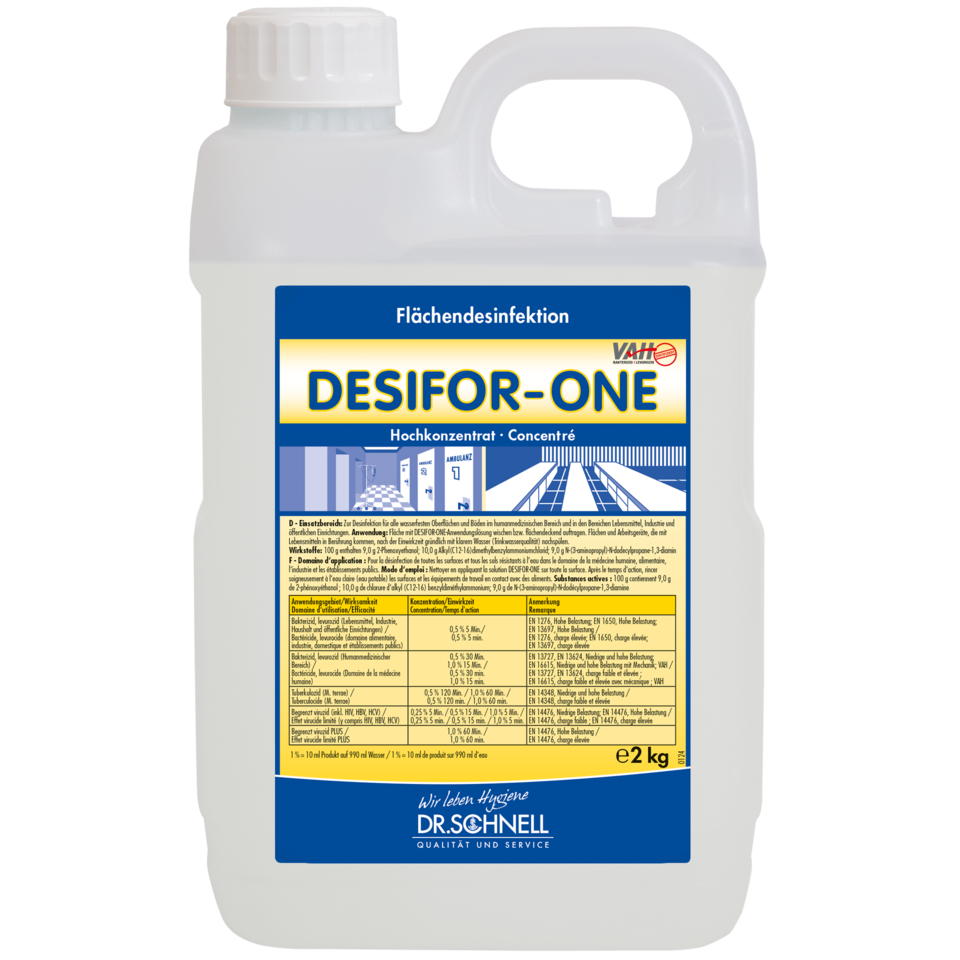 Un contenitore di plastica da 2 kg di Dr. Schnell Desifor-One disinfezione superficiale, limitatamente virucida PLUS della DR.SCHNELL GmbH & Co. KGaA, con coperchio e manico bianco. L'etichetta sul davanti contiene informazioni, istruzioni e indicazioni di dosaggio in lingua tedesca.