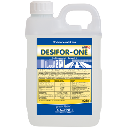 Un contenitore di plastica da 2 kg di Dr. Schnell Desifor-One disinfezione superficiale, limitatamente virucida PLUS della DR.SCHNELL GmbH & Co. KGaA, con coperchio e manico bianco. L'etichetta sul davanti contiene informazioni, istruzioni e indicazioni di dosaggio in lingua tedesca.