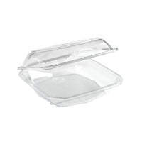 The Duni GmbH rPET Octaview® 400 ml transparent food container (125x125x80 mm), shown open and empty against a white background, is a sustainable packaging option. The package contains 400 pieces.