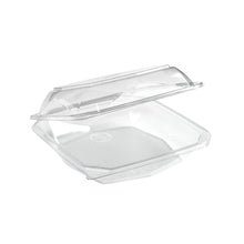 Der Duni GmbH rPET Octaview® 400 ml transparente Lebensmittelbehälter (125x125x80 mm), offen und leer auf weißem Hintergrund dargestellt, ist eine nachhaltige Verpackungsoption. Die Packung enthält 400 Stück.