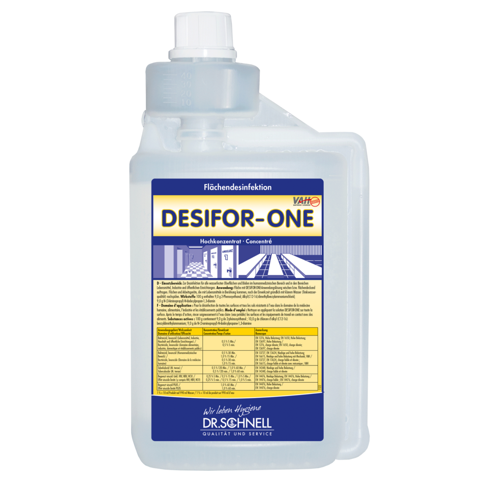 Bottiglia trasparente da 5L con l'etichetta "Dr. Schnell Desifor-One disinfezione superficiale, limitatamente virucida PLUS" della DR.SCHNELL GmbH & Co. KGaA, con accenti blu/gialli, istruzioni per l'uso in tedesco, camera di misurazione integrata e chiusura bianca.