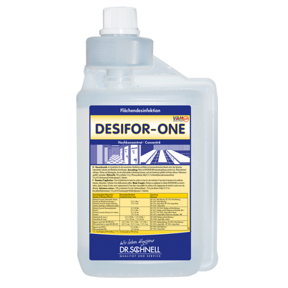 Bottiglia trasparente da 5L con l'etichetta "Dr. Schnell Desifor-One disinfezione superficiale, limitatamente virucida PLUS" della DR.SCHNELL GmbH & Co. KGaA, con accenti blu/gialli, istruzioni per l'uso in tedesco, camera di misurazione integrata e chiusura bianca.