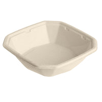 Le bol Octabagasse 400 ml de Duni GmbH est un bol hexagonal en bagasse (152 x 152 x 38 mm) de couleur marron, doté d'un revêtement PBAT/PLA, présenté sur fond blanc comme une solution d'emballage durable. Conditionnement : 50 pièces.