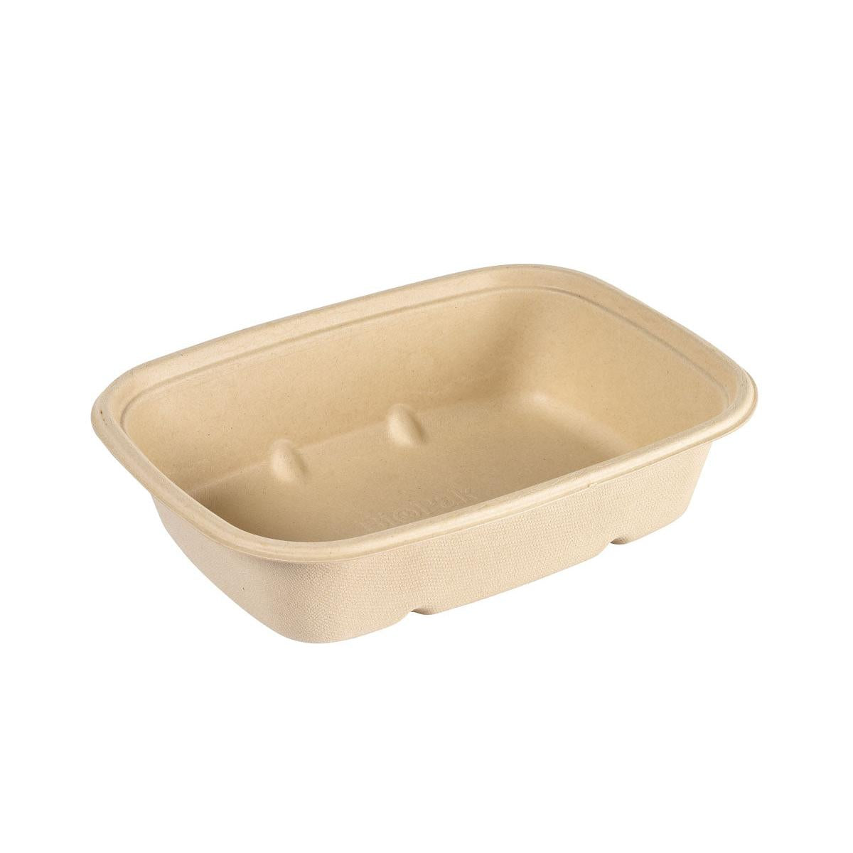 Die rechteckige Cube Bowl 900 ml aus unbeschichtetem Braun Bagasse (214x159x54) von Duni GmbH, mit abgerundeten Ecken und erhöhten Innenvertiefungen, ist eine umweltfreundliche Einwegschüssel und wird leer vor weißem Hintergrund gezeigt.