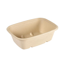 Der Cube Bowl 1200 ml - unbeschichtet Braun Bagasse 214x159x70 von Duni GmbH ist ein rechteckiger, brauner, kompostierbarer Lebensmittelbehälter aus geformten Fasern (40er Pack), der leer auf weißem Hintergrund abgebildet ist.