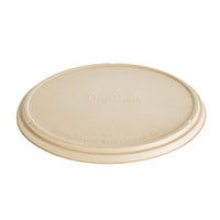 The round, beige, compostable lid for pizza boxes from Duni GmbH, made of uncoated brown bagasse (363x363x19mm), has a smooth surface, a slightly raised rim, and the "BioPak" embossing in the center. Packaging: 50 pieces. Suitable for pizza boxes.