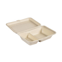 Una confezione Clamshell da 470/300 ml – non rivestita, 2 marroni, in bagassa (255x170x65 mm) della Duni GmbH, realizzata con materiale da imballaggio alimentare sostenibile, è dotata di due scomparti con coperchio incernierato ed è raffigurata aperta su sfondo bianco. Confezione: 50 pezzi.