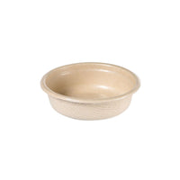 White, round, flat 30-ml dressing cup from Duni GmbH, made from bagasse with a PBAT/PLA coating (65x65x18 mm, pack of 150), with a textured exterior and smooth interior, on a white background.