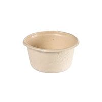 Small, round, white 60-ml dressing cup from Duni GmbH, made from bagasse and coated with PBAT/PLA for versatility and biodegradability; shown in a plain design. Pack of 150, dimensions: 65x65x32 mm.