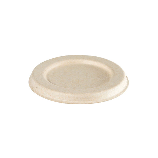 Ein weißer, beschichteter Bagasse-Deckel (Deckel Dressingbecher 30/60 ml, PBAT/PLA-beschichtet, 65x65x8) der Duni GmbH, hergestellt aus Faserformmaterial, abgebildet auf weißem Hintergrund. Packung: 150 Stück.