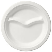 The Duni GmbH 2-Compartment Plate, 22 cm diameter, White, is a round, uncoated white disposable bagasse plate with two compartments separated by a curved divider. It comes in packs of 50.